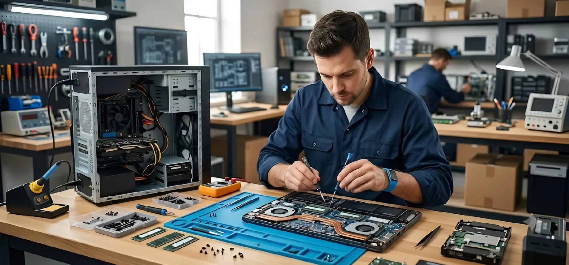 Expert desktop and laptop repair technician at work